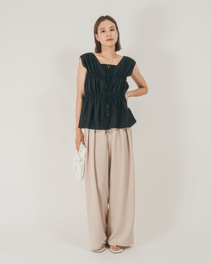 ［SET］リネンタッチShirringリボンブラウス + クレープデシン タックワイドパンツ（2SET）