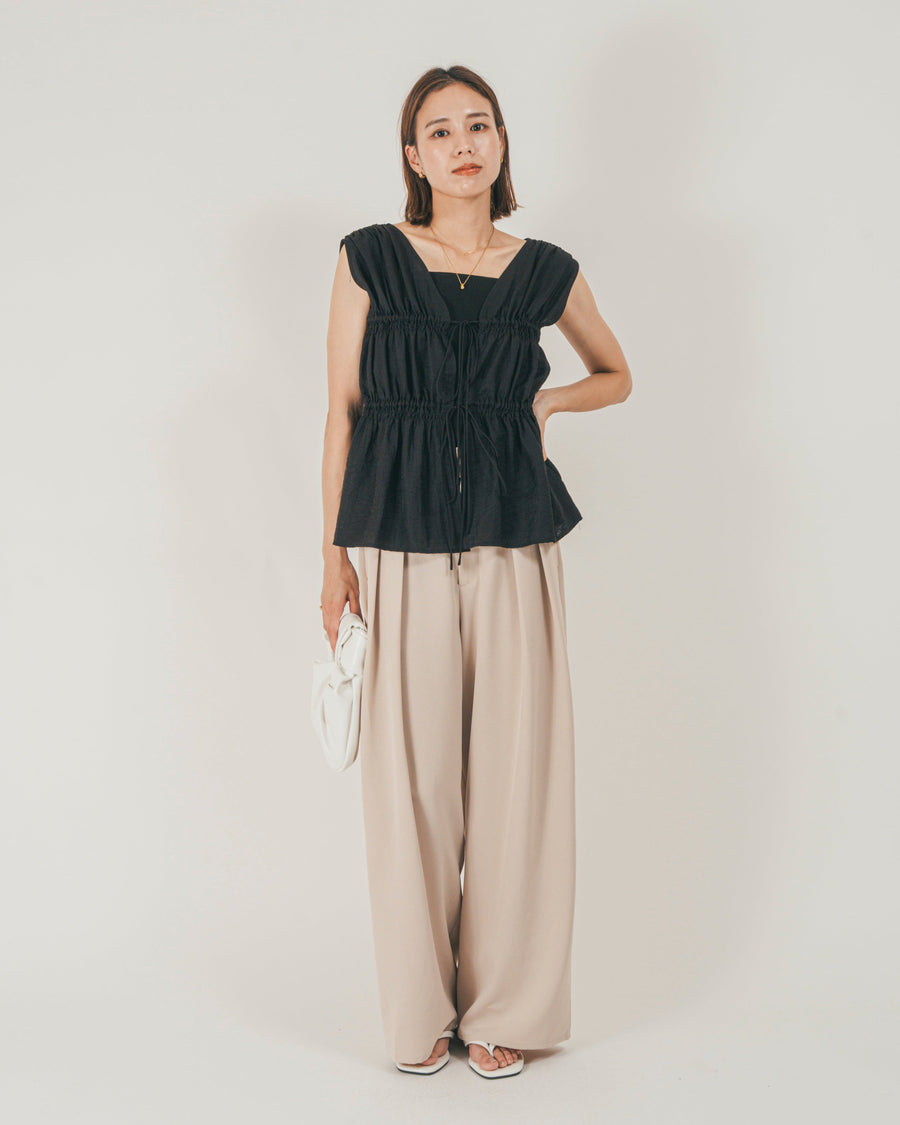 ［SET］リネンタッチShirringリボンブラウス + クレープデシン タックワイドパンツ（2SET）