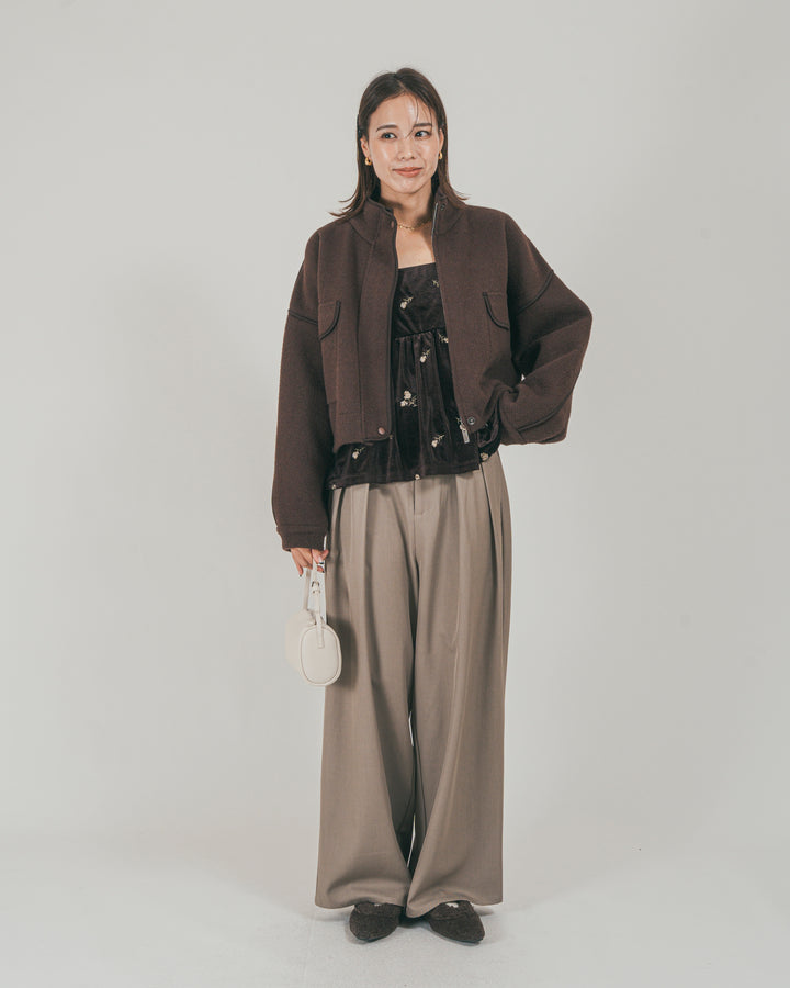 ［SET］Softショートニットブルゾン + ダブルタック ハイウエストワイドパンツ（2SET）
