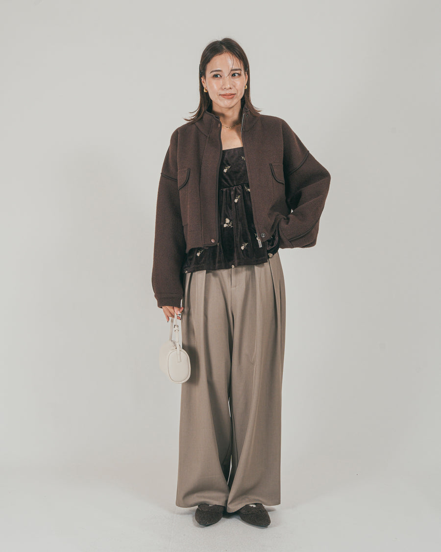 ［SET］Softショートニットブルゾン + ダブルタック ハイウエストワイドパンツ（2SET）