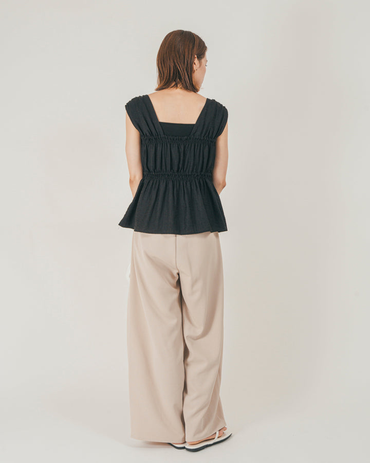 ［SET］リネンタッチShirringリボンブラウス + クレープデシン タックワイドパンツ（2SET）