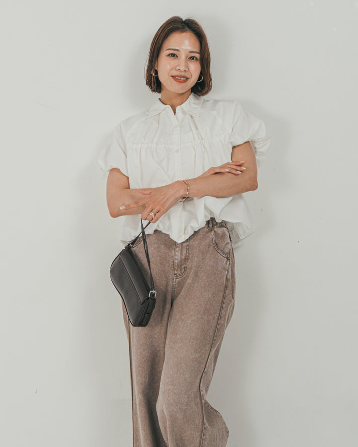［SET］バルーンShirringハーフスリーブシャツ + 10oz サイドタック リラックスデニムパンツ（2SET）