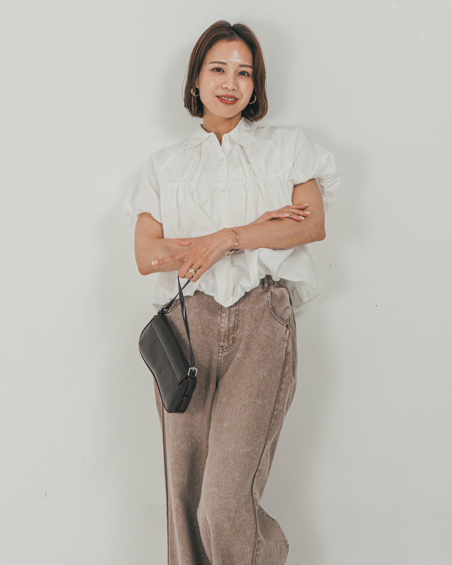 ［SET］バルーンShirringハーフスリーブシャツ + 10oz サイドタック リラックスデニムパンツ（2SET）