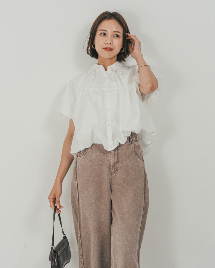 ［SET］バルーンShirringハーフスリーブシャツ + 10oz サイドタック リラックスデニムパンツ（2SET）