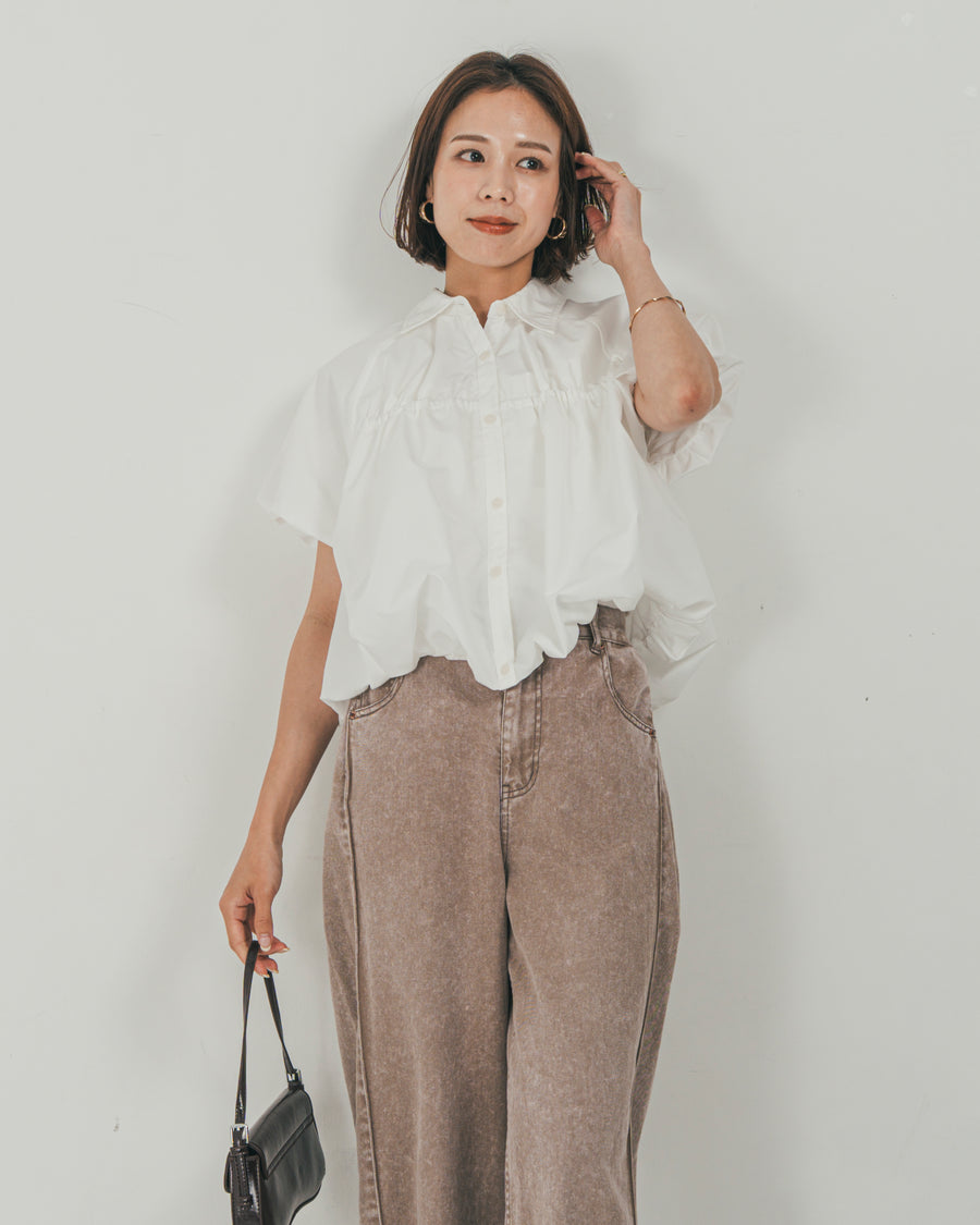 ［SET］バルーンShirringハーフスリーブシャツ + 10oz サイドタック リラックスデニムパンツ（2SET）