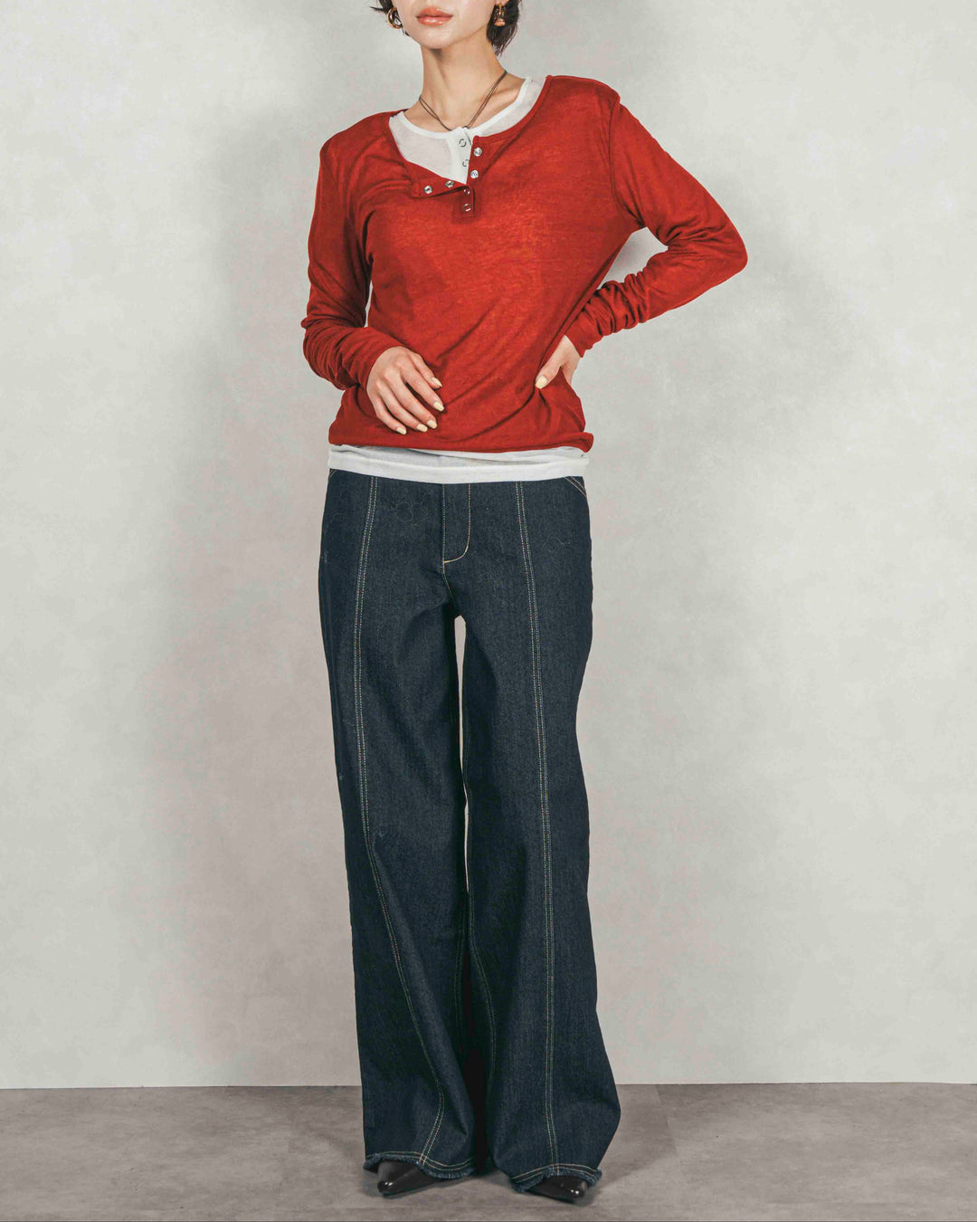 Sheerリブヘンリーネックトップス (RED)