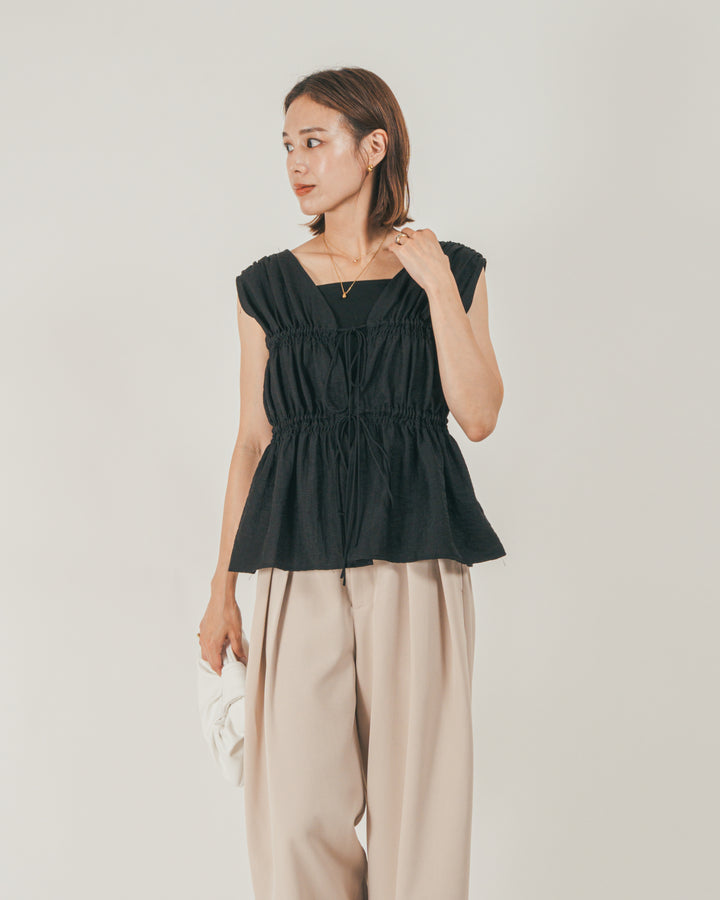 ［SET］リネンタッチShirringリボンブラウス + クレープデシン タックワイドパンツ（2SET）
