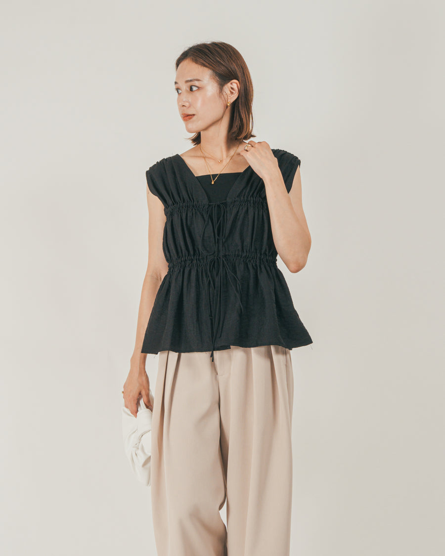［SET］リネンタッチShirringリボンブラウス + クレープデシン タックワイドパンツ（2SET）