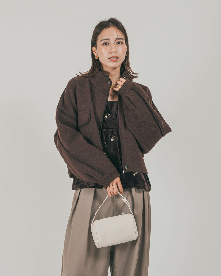 ［SET］Softショートニットブルゾン + ダブルタック ハイウエストワイドパンツ（2SET）