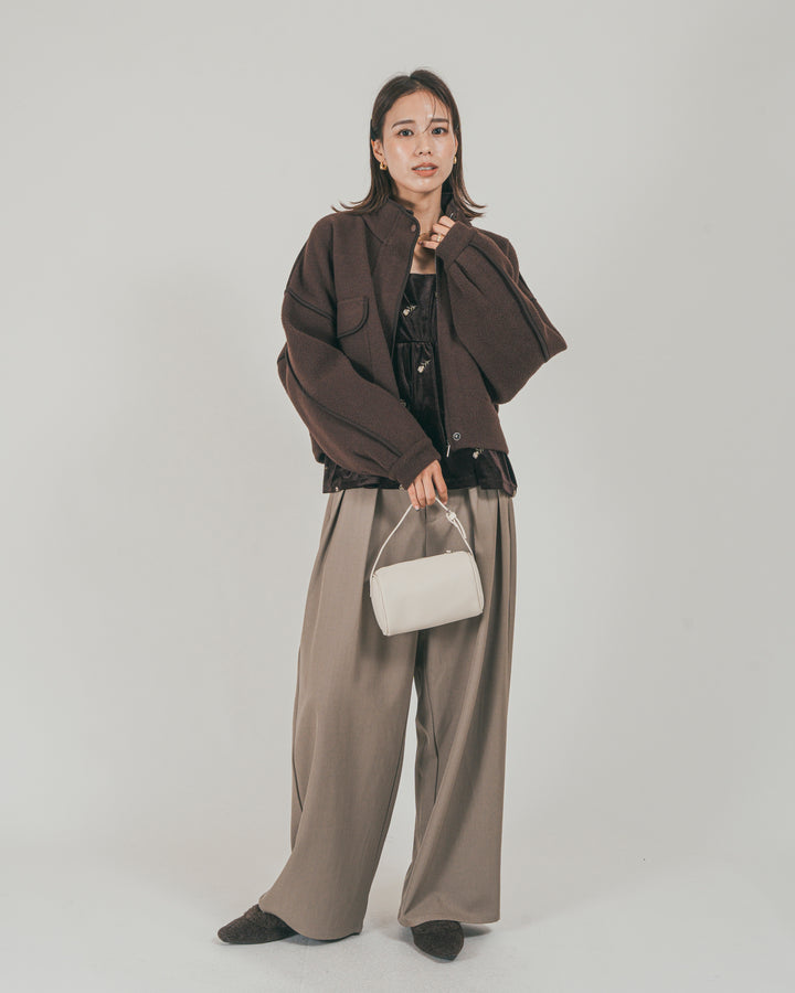 ［SET］Softショートニットブルゾン + ダブルタック ハイウエストワイドパンツ（2SET）