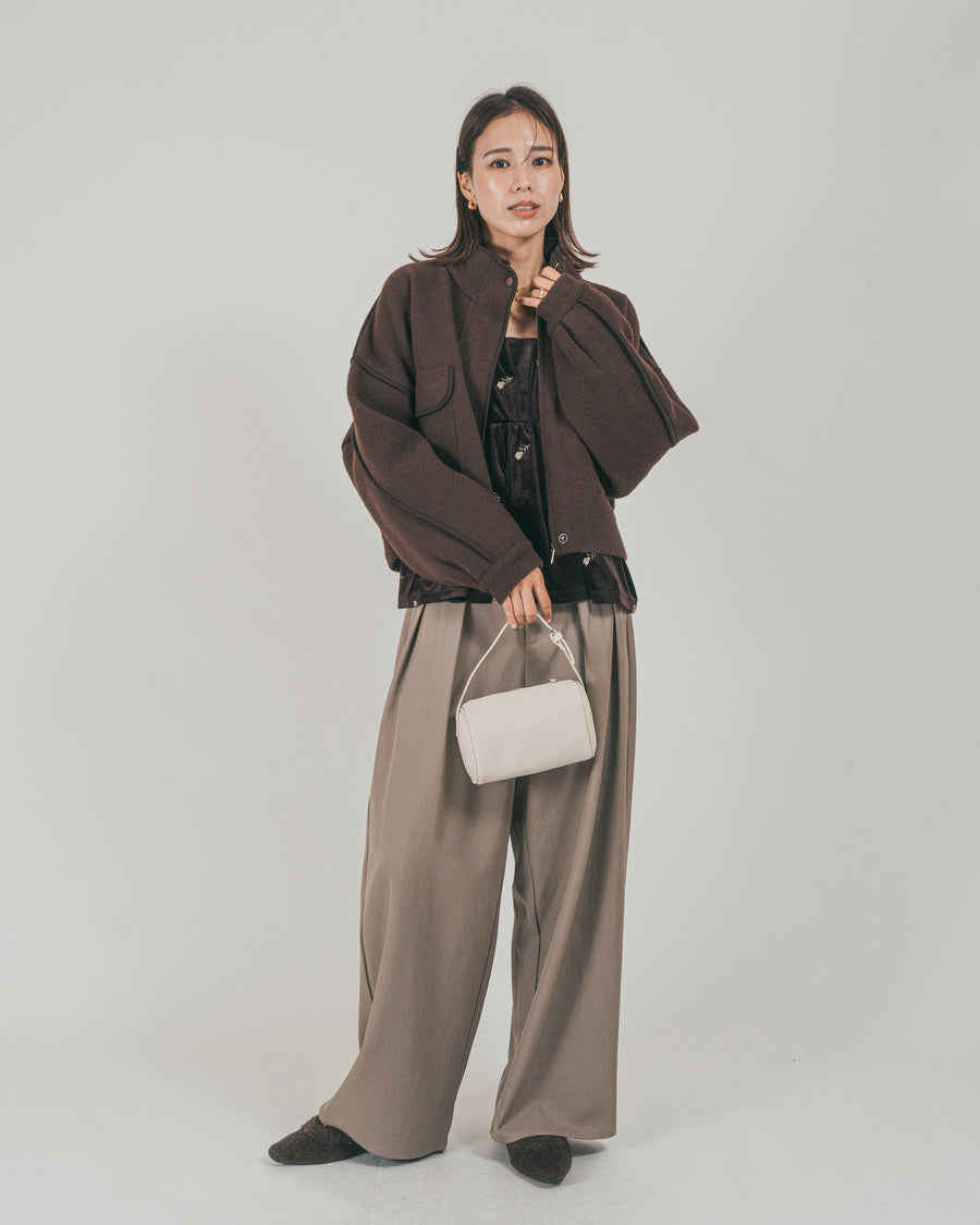 ［SET］Softショートニットブルゾン + ダブルタック ハイウエストワイドパンツ（2SET）