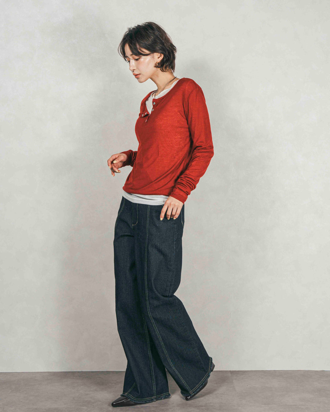 Sheerリブヘンリーネックトップス (RED)