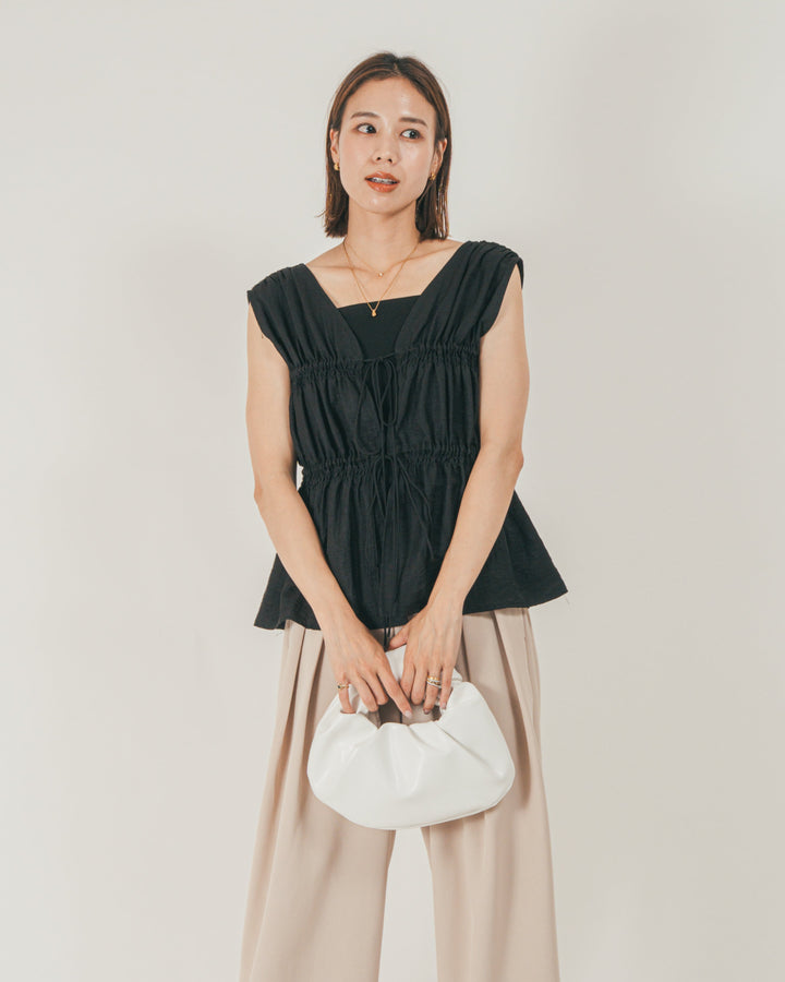 ［SET］リネンタッチShirringリボンブラウス + クレープデシン タックワイドパンツ（2SET）