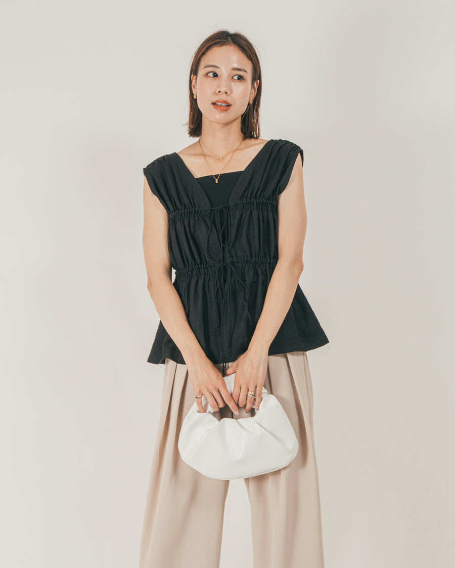 ［SET］リネンタッチShirringリボンブラウス + クレープデシン タックワイドパンツ（2SET）