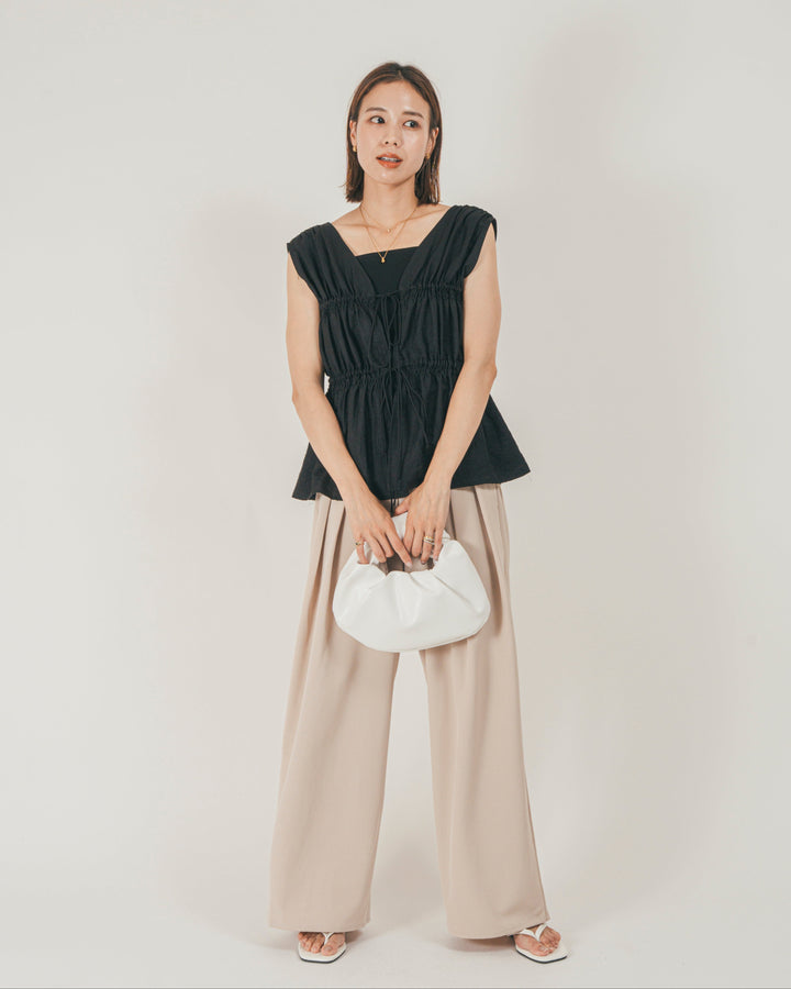 ［SET］リネンタッチShirringリボンブラウス + クレープデシン タックワイドパンツ（2SET）