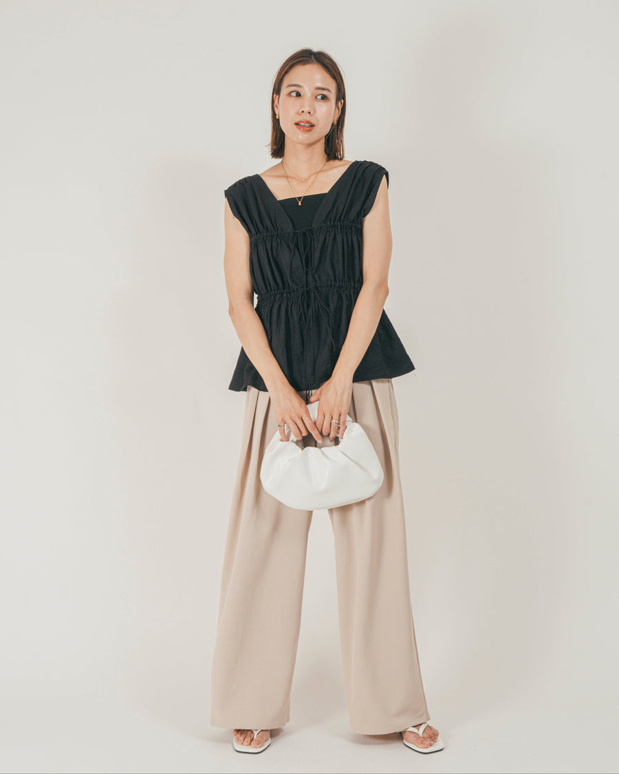 ［SET］リネンタッチShirringリボンブラウス + クレープデシン タックワイドパンツ（2SET）