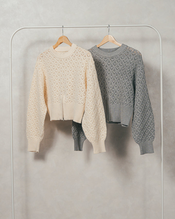 ［SET］透かし編みフロントスリットニット+フロントスリット Iラインデニムスカート（2SET）