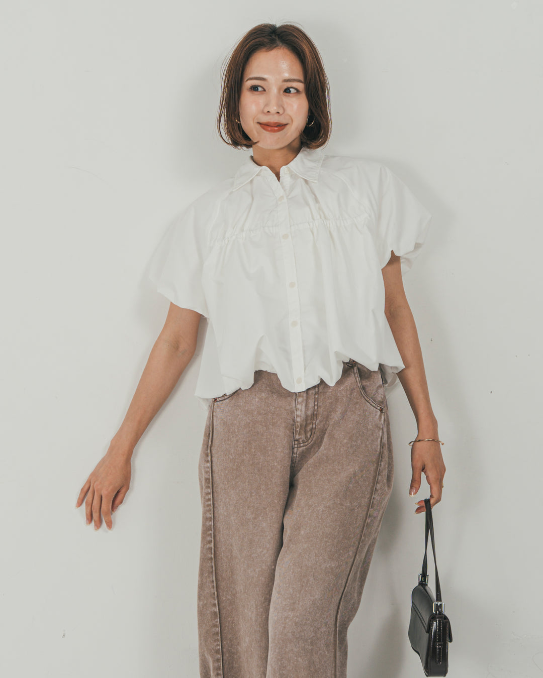 ［SET］バルーンShirringハーフスリーブシャツ + 10oz サイドタック リラックスデニムパンツ（2SET）