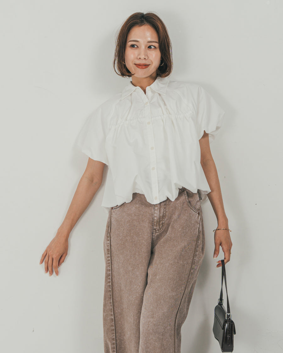 ［SET］バルーンShirringハーフスリーブシャツ + 10oz サイドタック リラックスデニムパンツ（2SET）