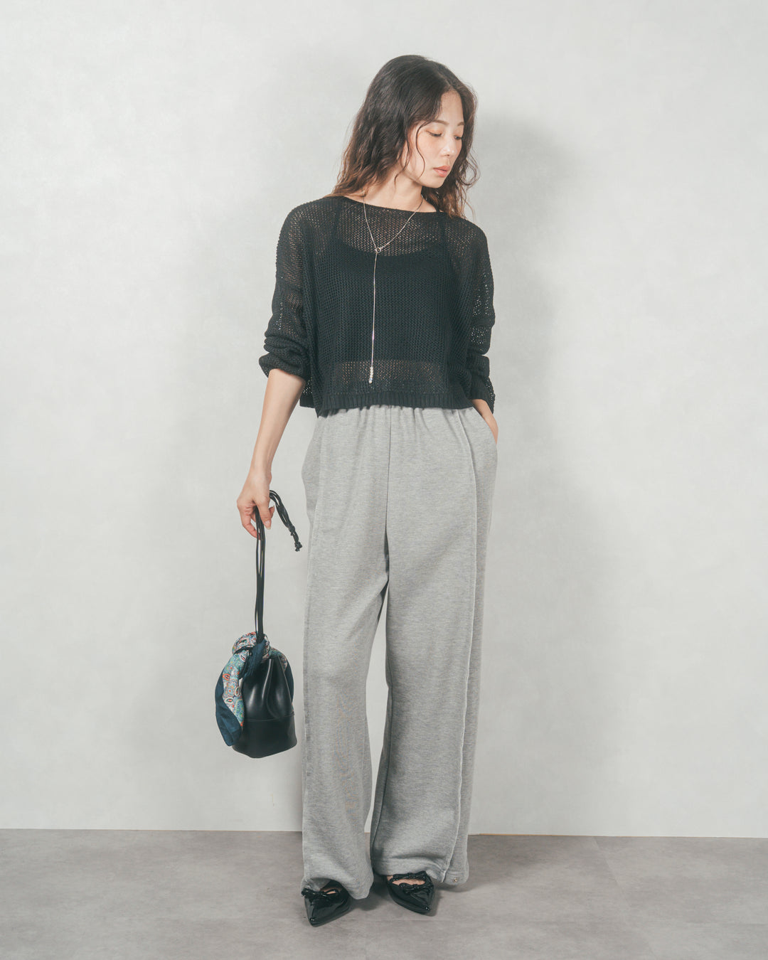 クロップドメッシュニット( BLACK)