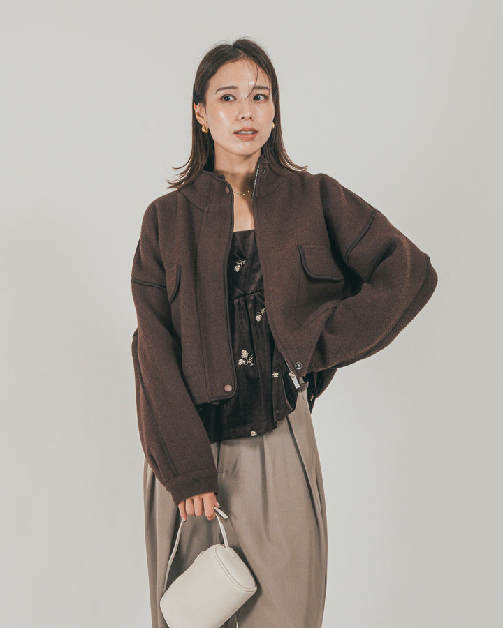 ［SET］Softショートニットブルゾン + ダブルタック ハイウエストワイドパンツ（2SET）