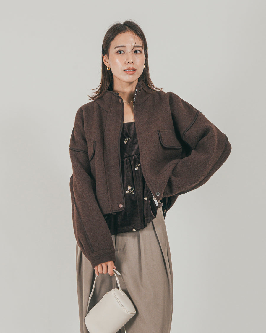 ［SET］Softショートニットブルゾン + ダブルタック ハイウエストワイドパンツ（2SET）