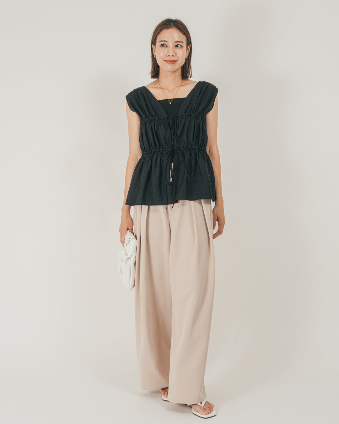 ［SET］リネンタッチShirringリボンブラウス + クレープデシン タックワイドパンツ（2SET）