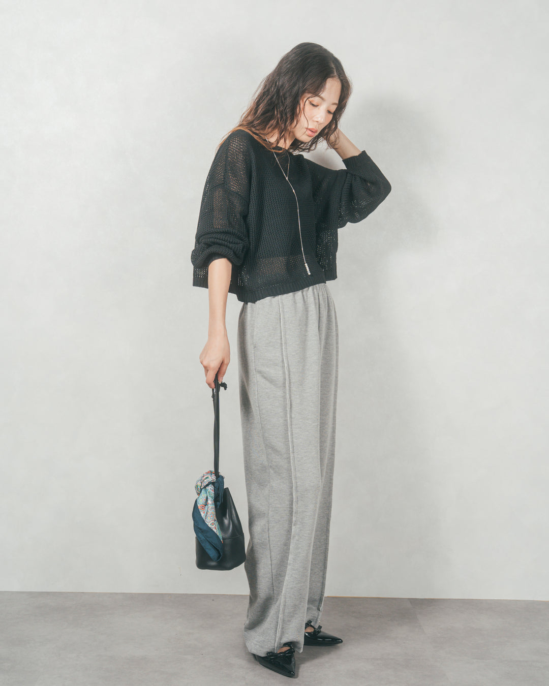クロップドメッシュニット( BLACK)