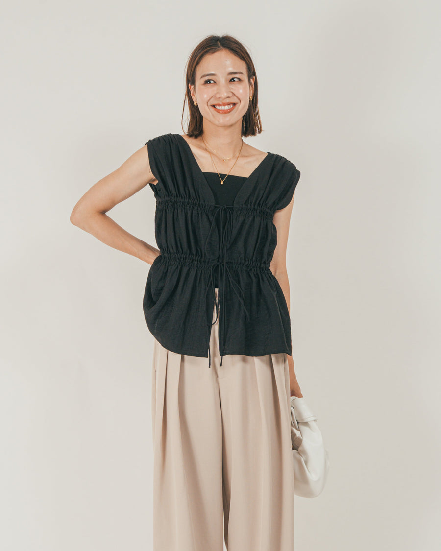 ［SET］リネンタッチShirringリボンブラウス + クレープデシン タックワイドパンツ（2SET）