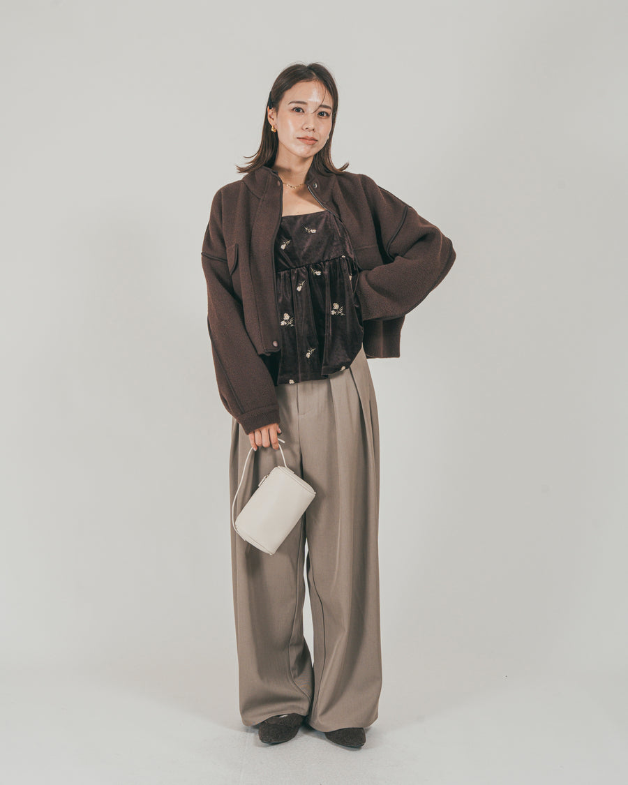 ［SET］Softショートニットブルゾン + ダブルタック ハイウエストワイドパンツ（2SET）