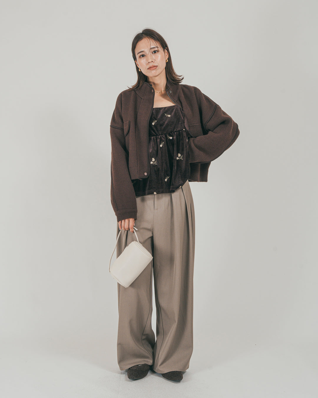 ［SET］Softショートニットブルゾン + ダブルタック ハイウエストワイドパンツ（2SET）