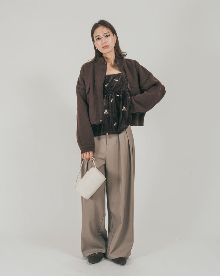［SET］Softショートニットブルゾン + ダブルタック ハイウエストワイドパンツ（2SET）