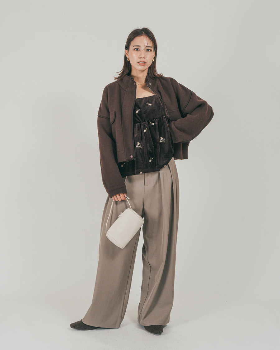 ［SET］Softショートニットブルゾン + ダブルタック ハイウエストワイドパンツ（2SET）