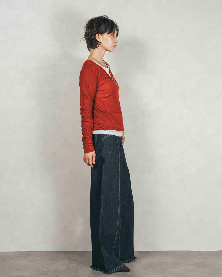 Sheerリブヘンリーネックトップス (RED)