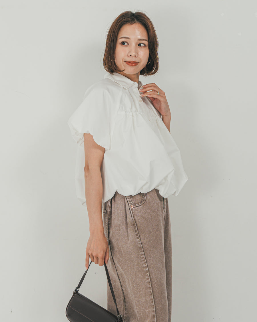 ［SET］バルーンShirringハーフスリーブシャツ + 10oz サイドタック リラックスデニムパンツ（2SET）