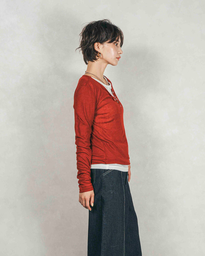 ［SET］Sheerリブヘンリーネックトップス+センターシーム リラックスカラーデニム（2SET）