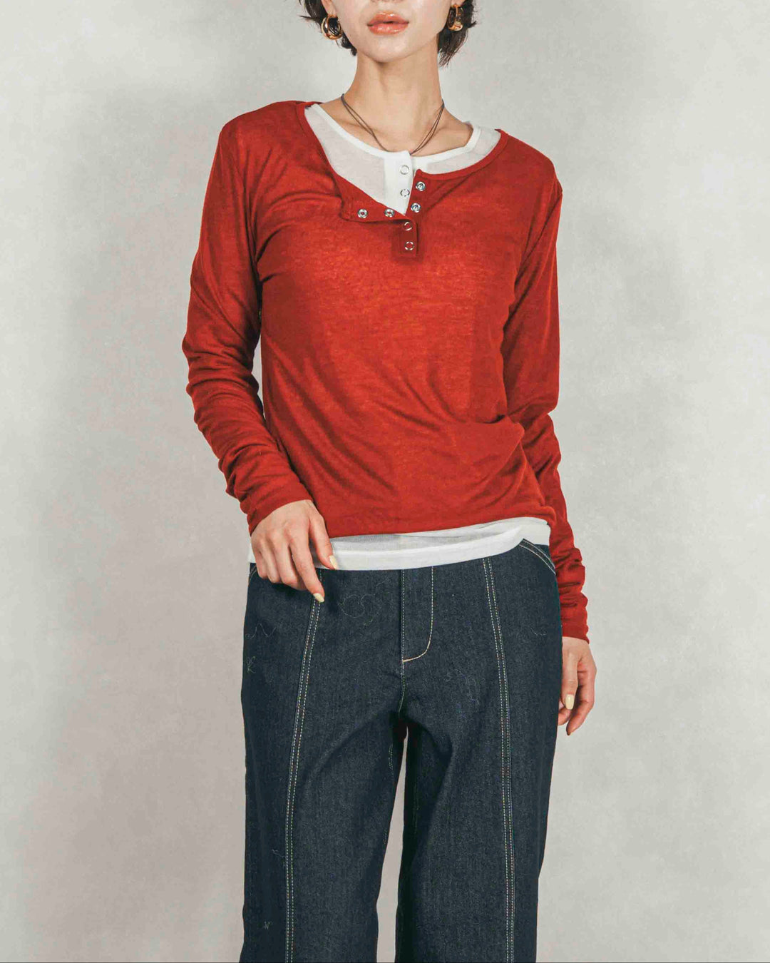 ［SET］Sheerリブヘンリーネックトップス+Sheerリブヘンリーネックトップス（2SET）