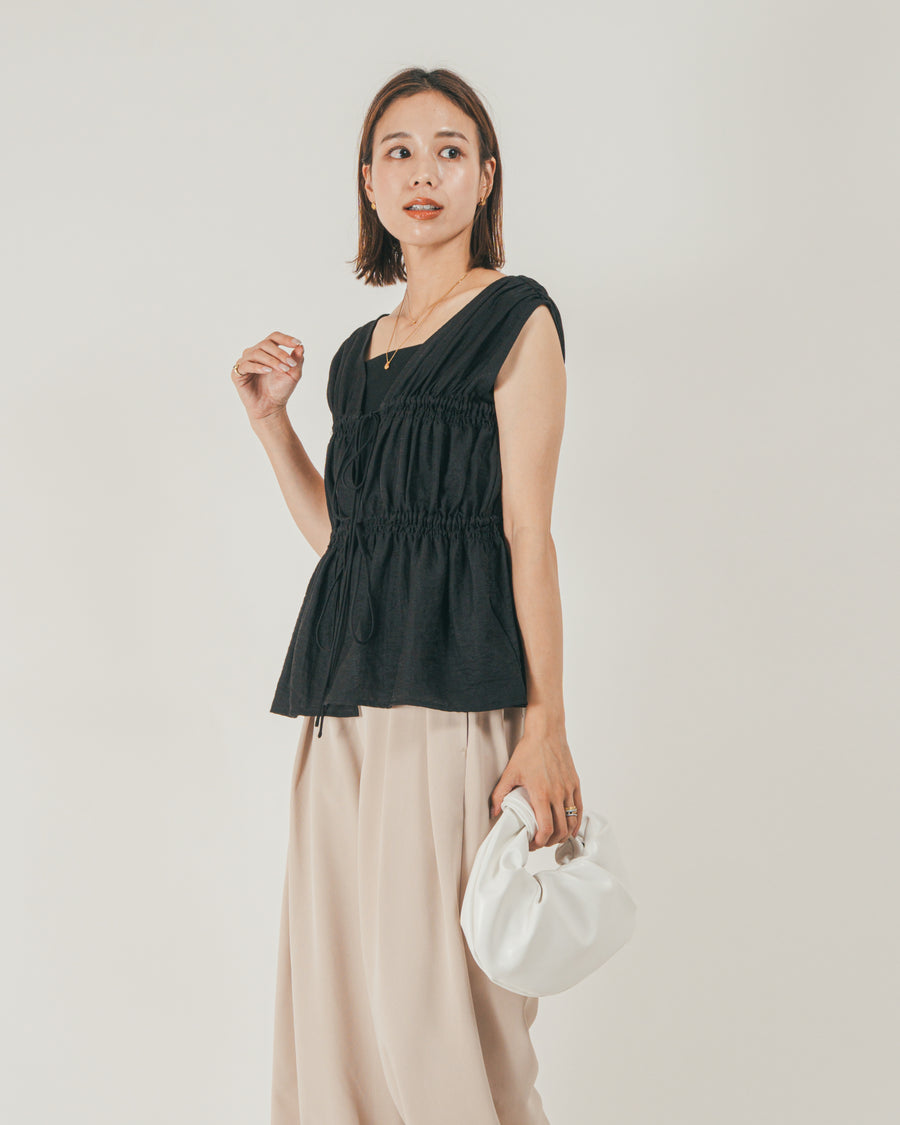 ［SET］リネンタッチShirringリボンブラウス + クレープデシン タックワイドパンツ（2SET）