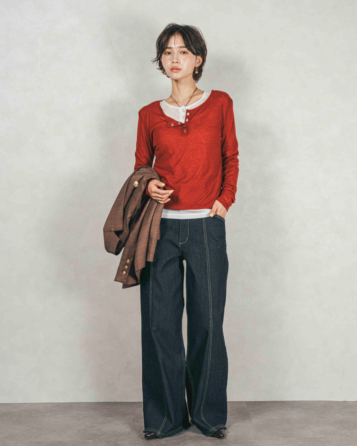 ［SET］Sheerリブヘンリーネックトップス+Sheerリブヘンリーネックトップス（2SET）