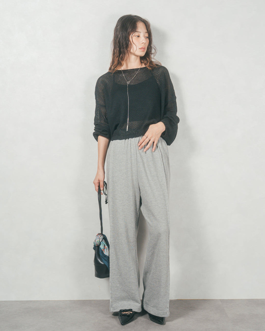 クロップドメッシュニット( BLACK)