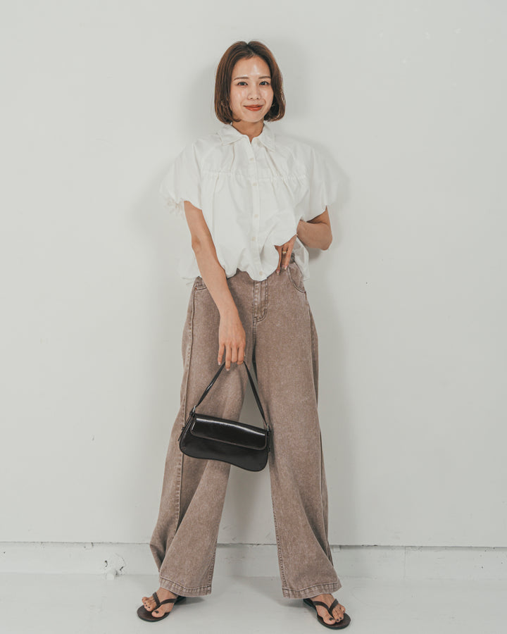 ［SET］バルーンShirringハーフスリーブシャツ + 10oz サイドタック リラックスデニムパンツ（2SET）