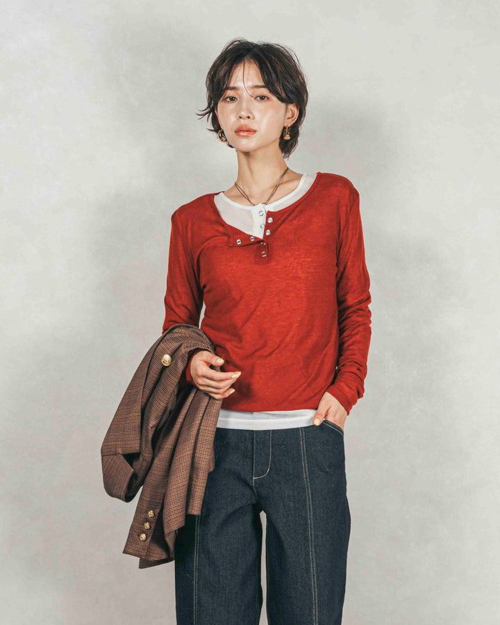 ［SET］Sheerリブヘンリーネックトップス+Sheerリブヘンリーネックトップス（2SET）