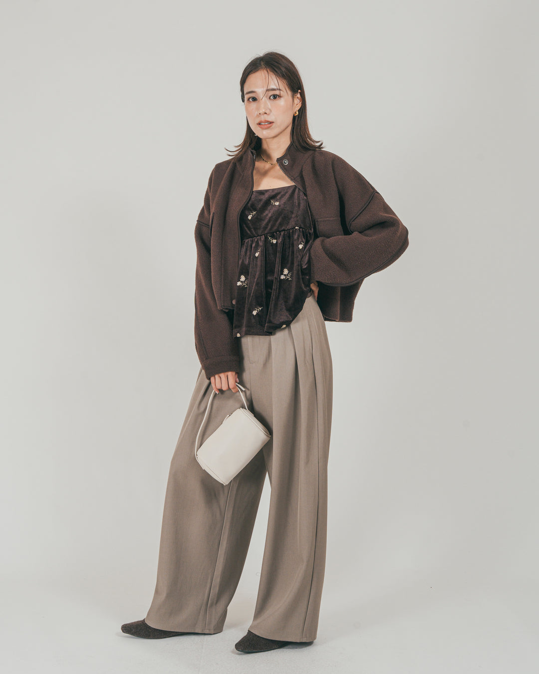 ［SET］Softショートニットブルゾン + ダブルタック ハイウエストワイドパンツ（2SET）