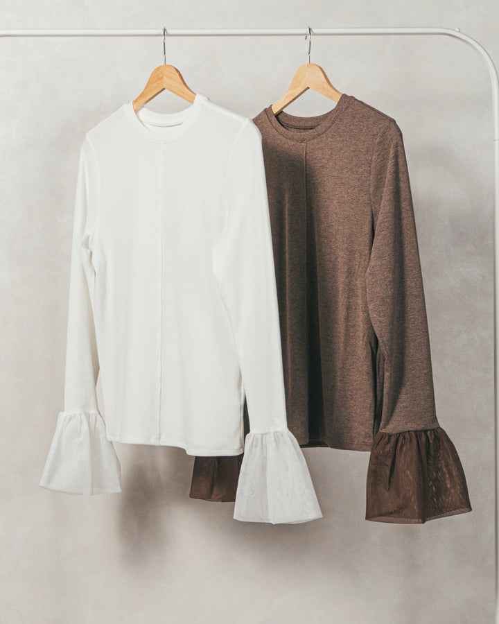 ［SET］ケーブルKnitクルーカーディガン+チュールスリーブRibトップス+センターシーム リラックスカラーデニム（3SET）