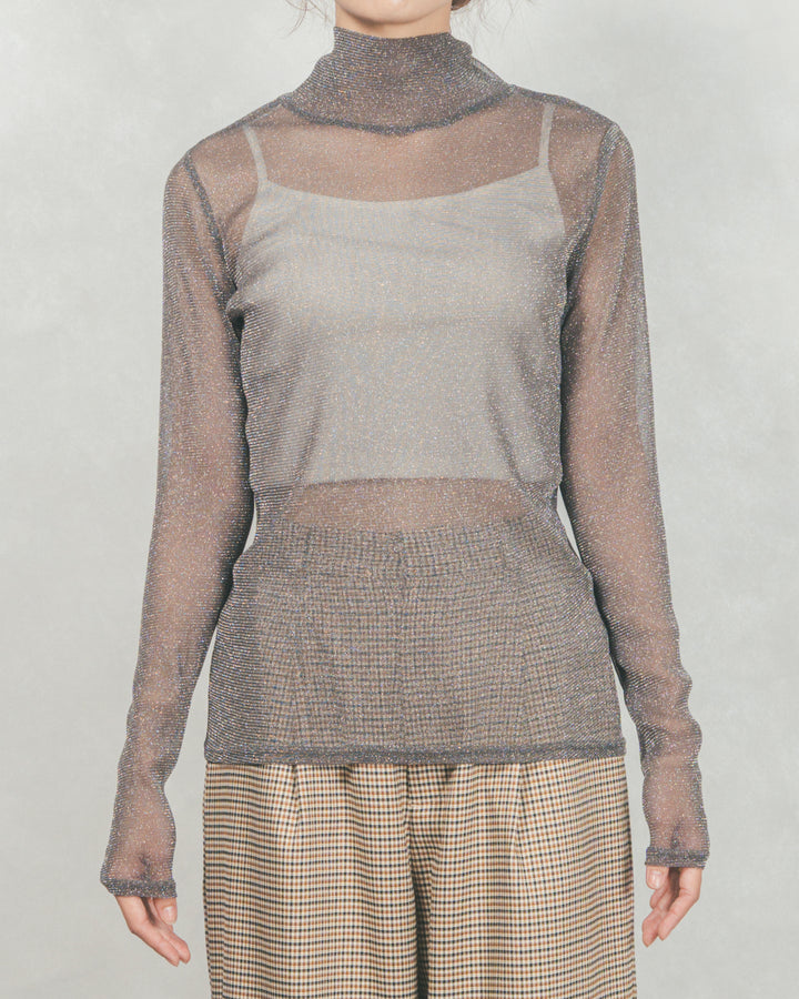 ［SET］フロントシリコンLogoスウェット+ラメSheerハイネックトップス+ワイドTuckイージーデニム