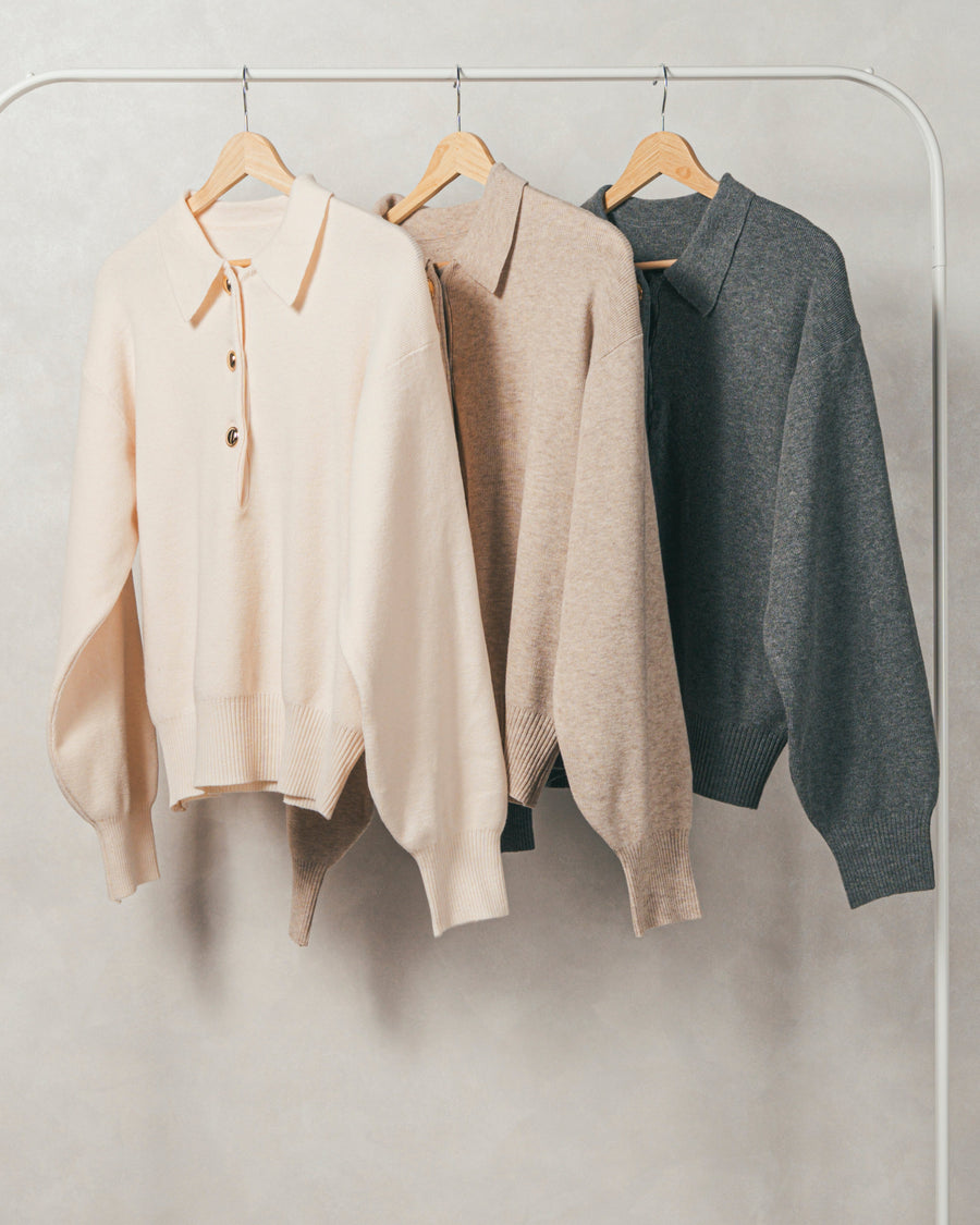 ［SET］ボタンデザインポロニット+Relax カーブパンツ（2SET）