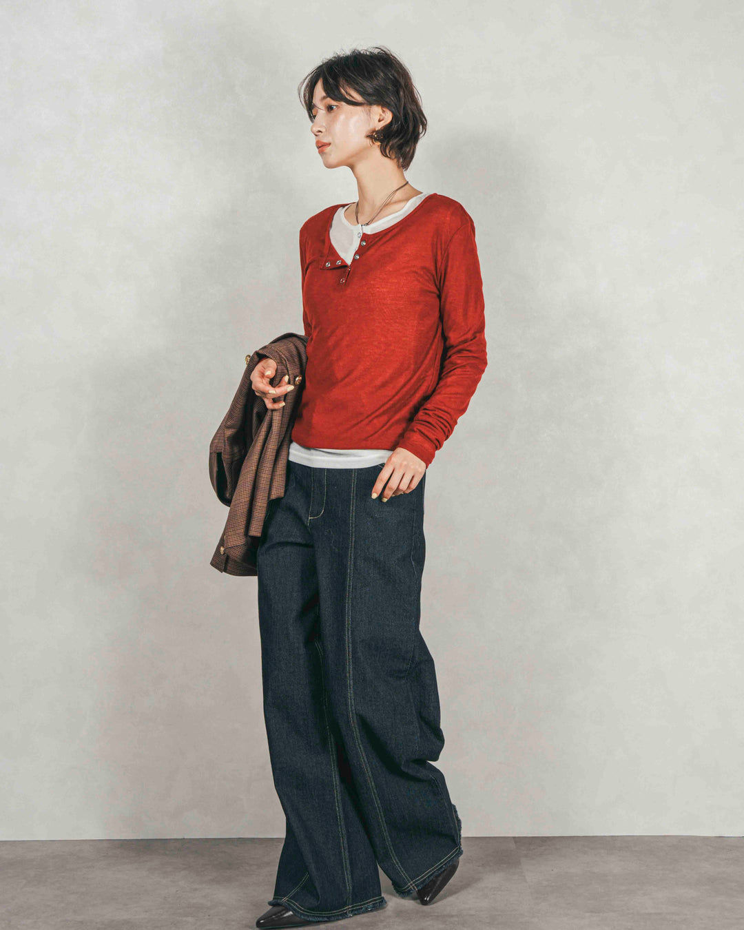 ［SET］Sheerリブヘンリーネックトップス+センターシーム リラックスカラーデニム（2SET）