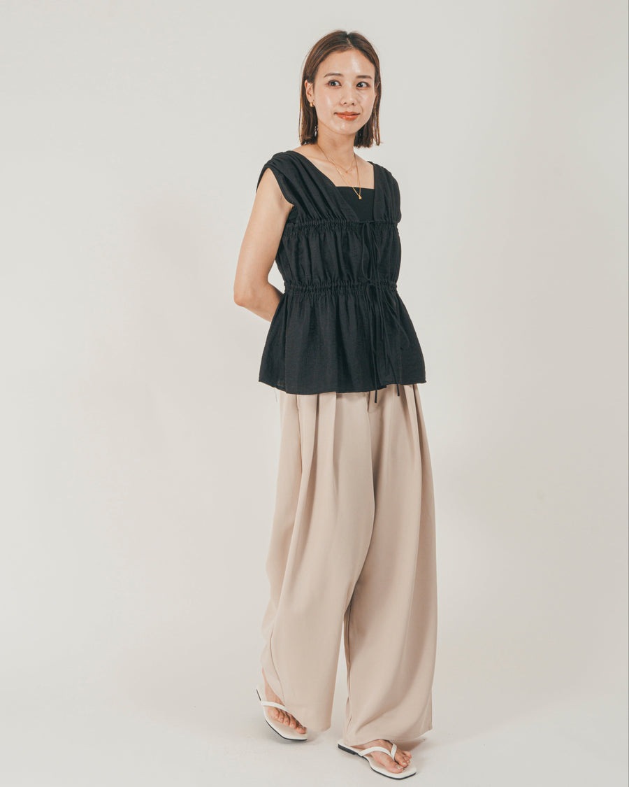 ［SET］リネンタッチShirringリボンブラウス + クレープデシン タックワイドパンツ（2SET）