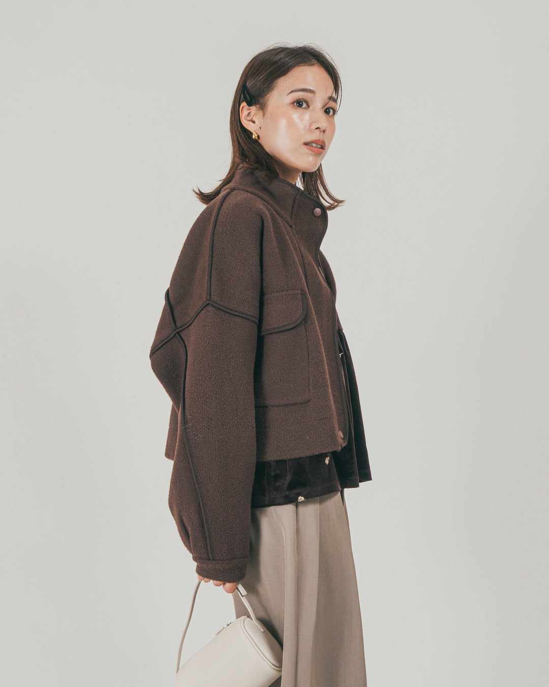 ［SET］Softショートニットブルゾン + ダブルタック ハイウエストワイドパンツ（2SET）