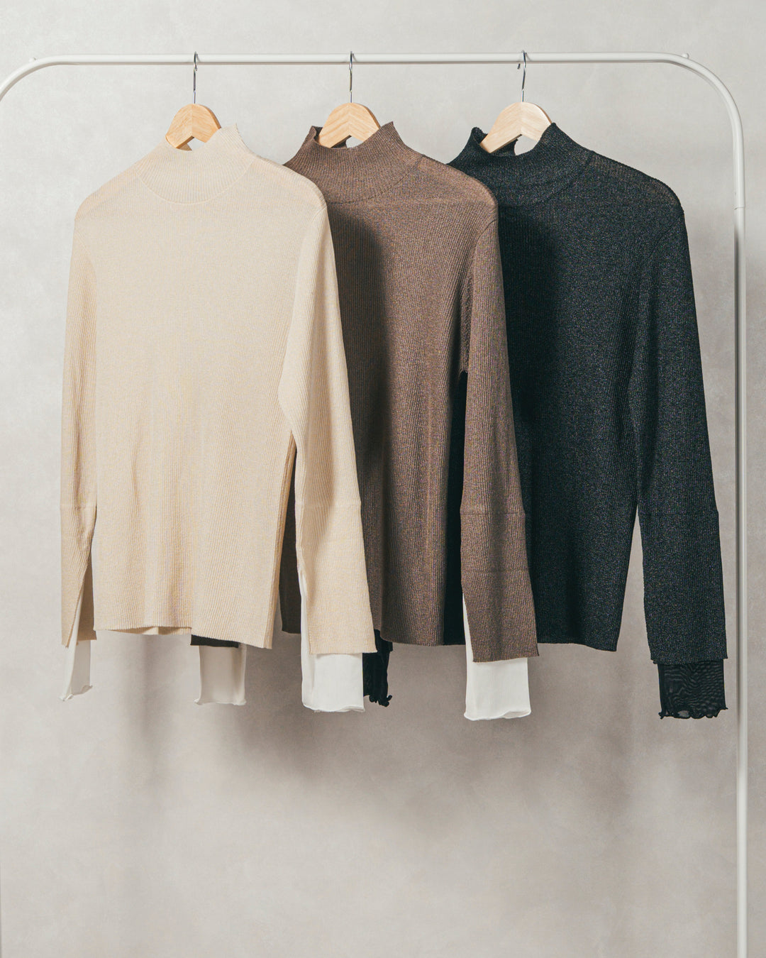 ［SET］袖レイヤードラメリブタートルニット+モヘアタッチKnitビスチェ+センターシーム リラックスカラーデニム（3SET）